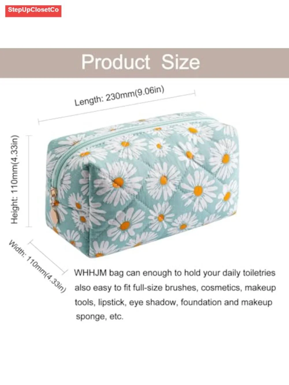 Quilted Cotton Daisy Floral Cosmetic Bag Travel Toiletry Organizer Pouch Zipper